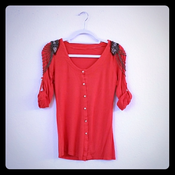 Orange top with lace and beaded shoulder details - Picture 1 of 6